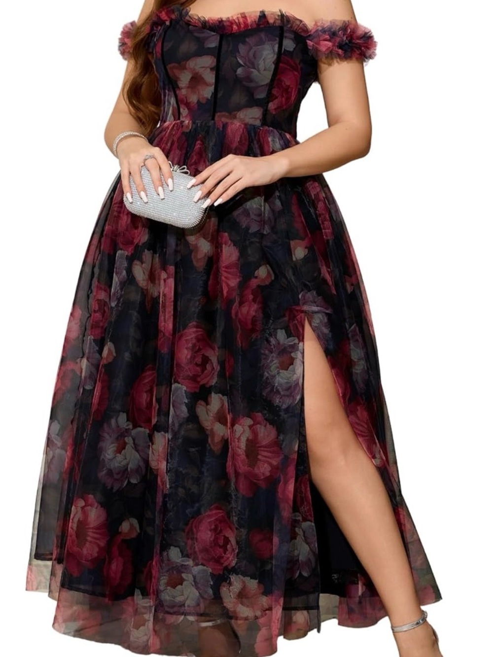Floral Off-the-Shoulder Tulle Midi Dress